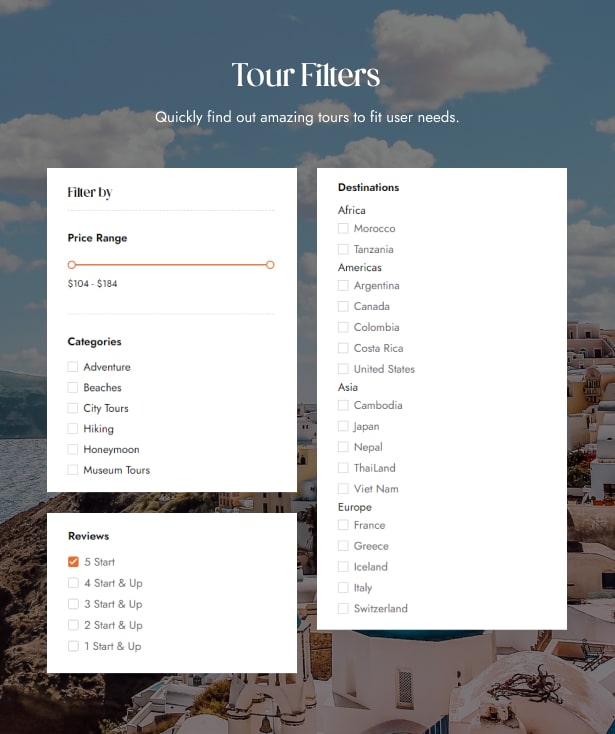 Zourney - Travel Tour Booking WordPress Theme - tour filters